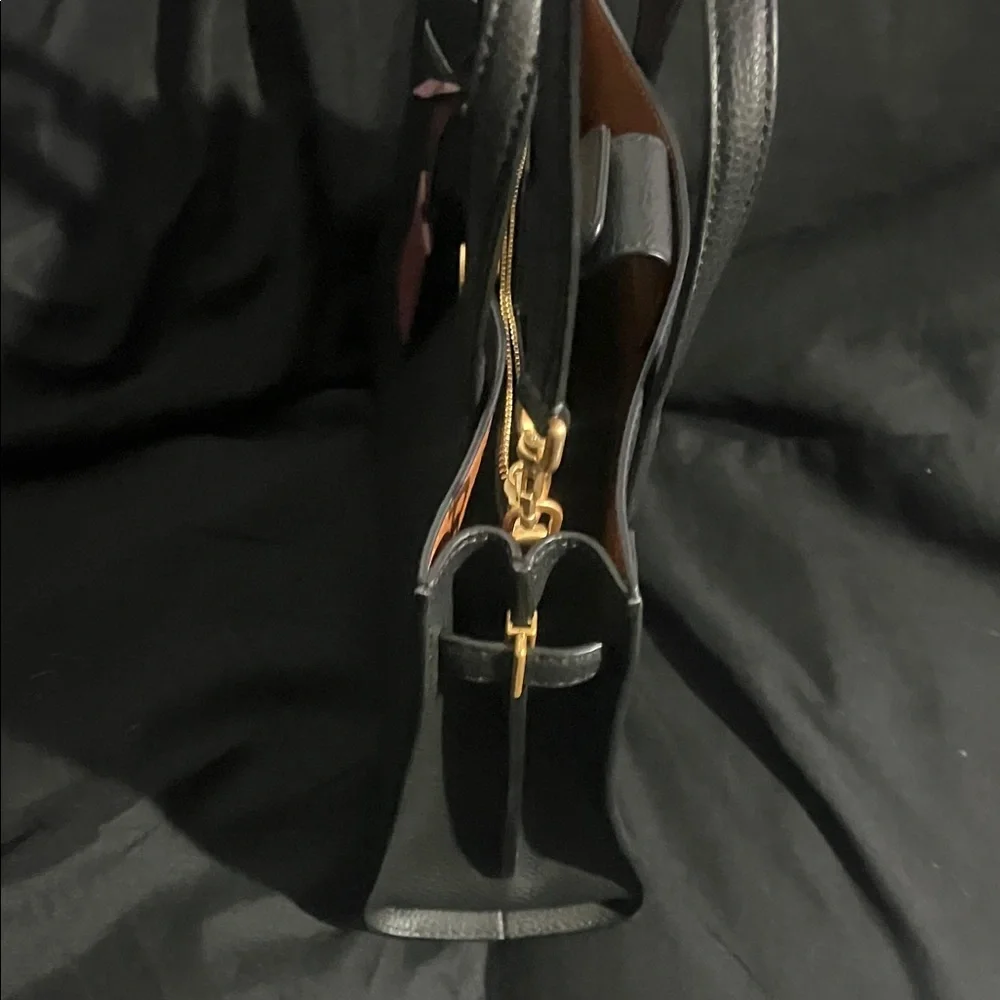 Tory Burch Black Satchel with Burgundy Tag and Gold Hardware